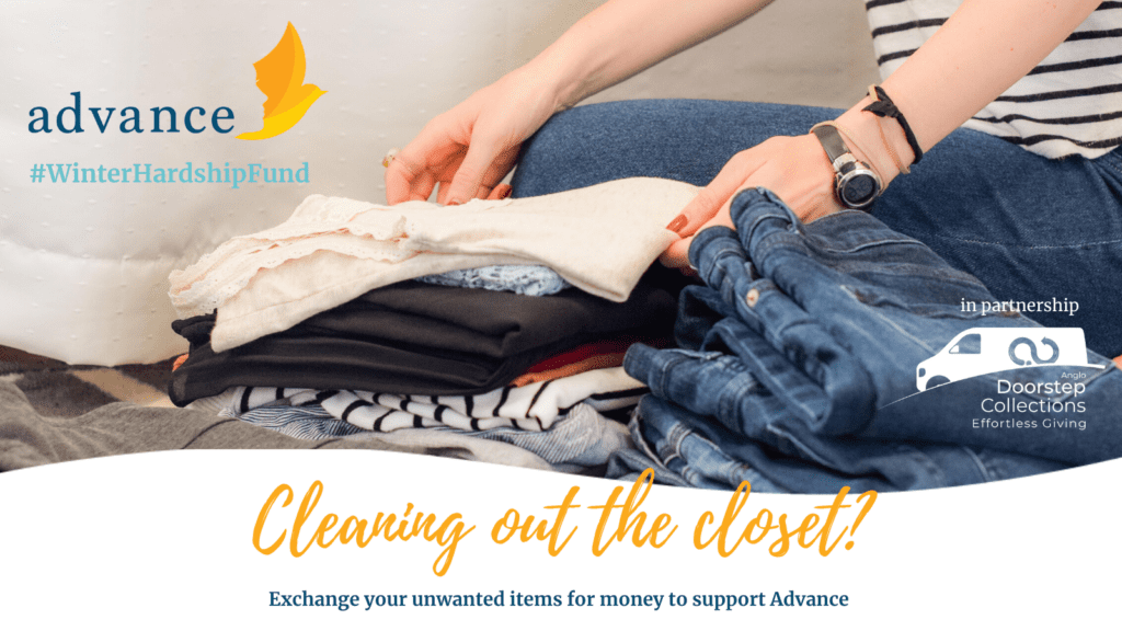 Picture of hands folding clothing. Underneath it reads 'Cleaning Out Your Closet' and 'Exchange unwanted items for money to support Advance'