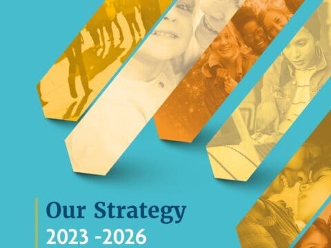 Front cover of Advance Strategy 2023-2026. it reads 'Safety and Justice for Women and Girls'. It is on a light blue background with varying images in the shape of arrows.
