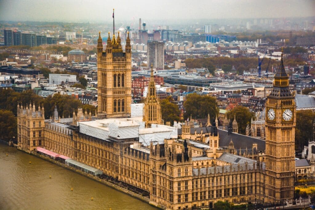 Aerial view of the UK Houses of Parliament