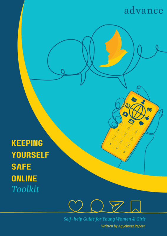 Picture of the front cover of the 'Keeping Yourself Safe Online' Toolkit. It has a drawing of a hand holding a yellow phone on a cyan and dark blue background.