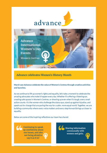 front page of the May Newletter. There is a picture of a woman smiling with writing that reads 'Advance International Women's Day Events'