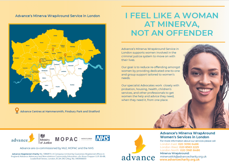 Image of the front cover of the London Minerva Leaflet. On a yellow background, there is a Black woman smiling. She has braided hair pulled to the side and she is wearing a brown leather jacket. Above her it reads 'I FEEL LIKE A WOMAN AT MINERVA, NOT AN OFFENDER'