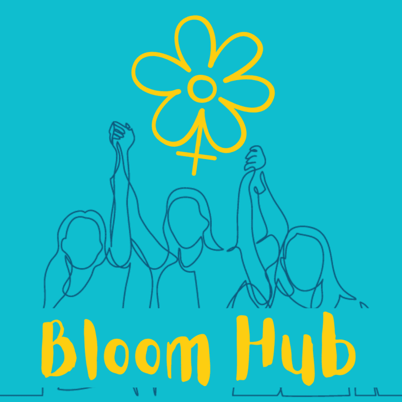 cyan background with line drawing of three girls holding hairs in the air. Above them is a yellow flower with a woman gender sign. Below it reads 'Bloom Hub'