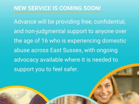 Picture of a poster with a blue background and white words, explaining the new East Sussex service. At the bottom of the poster is three stock shot photos of smiling people.