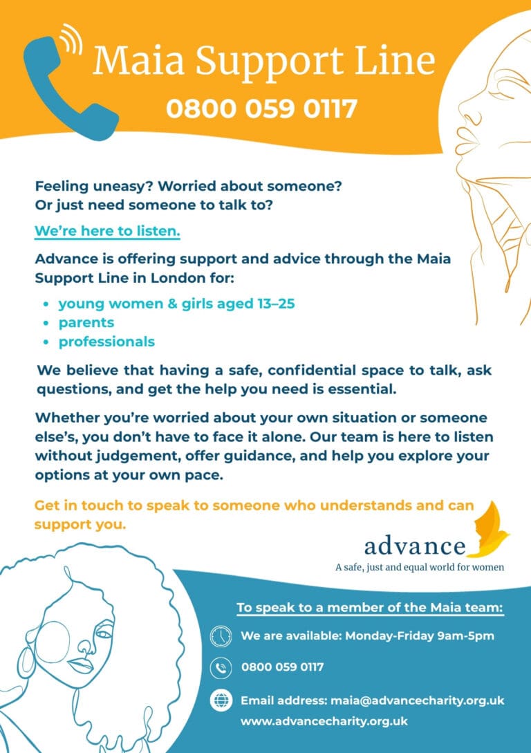 blue, white and orange poster advertising Maia Support Line