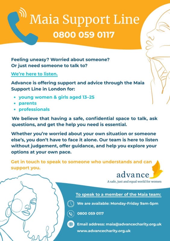 blue, white and orange poster advertising Maia Support Line